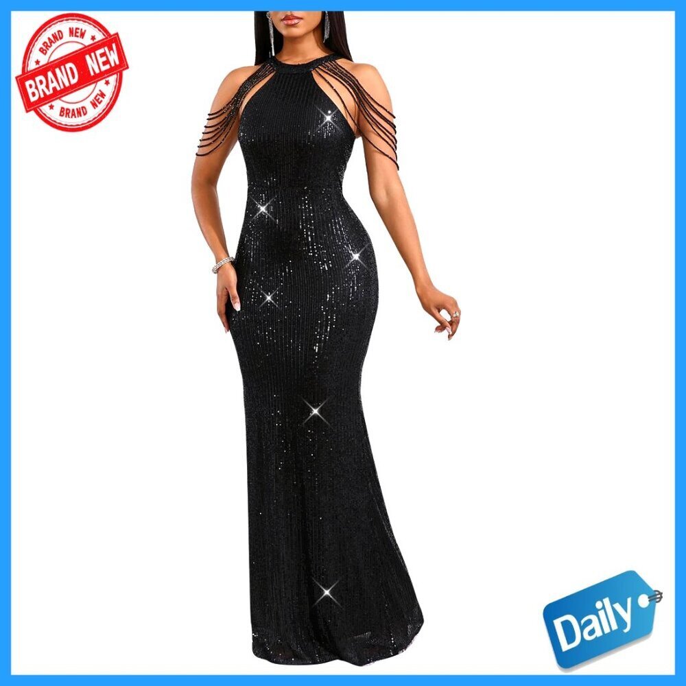 Sequin Tassel Off Shoulder Halter Bodycon Maxi Dress Elegant Formal Evening Gown